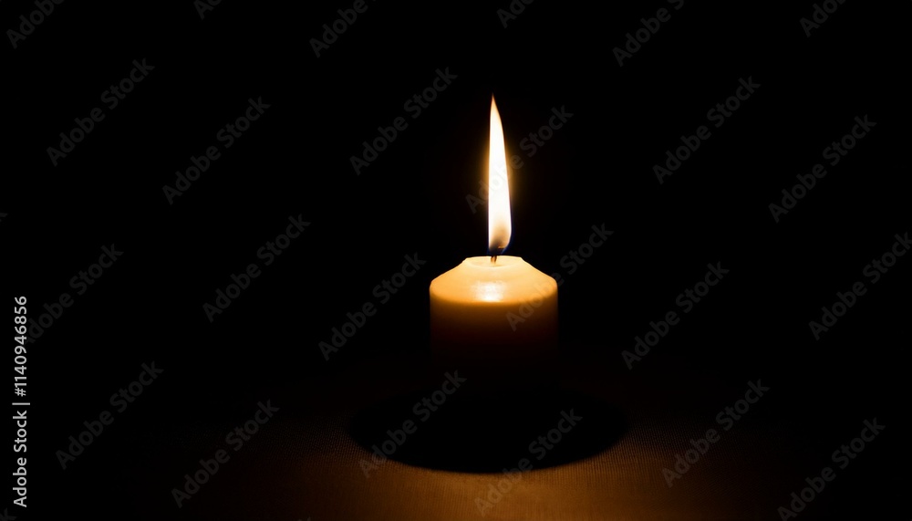 A single candle glows brightly in pitch black darkness, casting long shadows all around. A single candle glows brightly in pitch black darkness, casting long shadows all around.