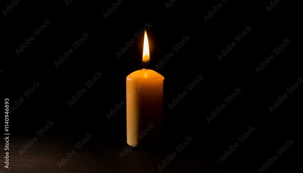 A single candle glows brightly in pitch black darkness, casting long shadows all around. A single candle glows brightly in pitch black darkness, casting long shadows all around.