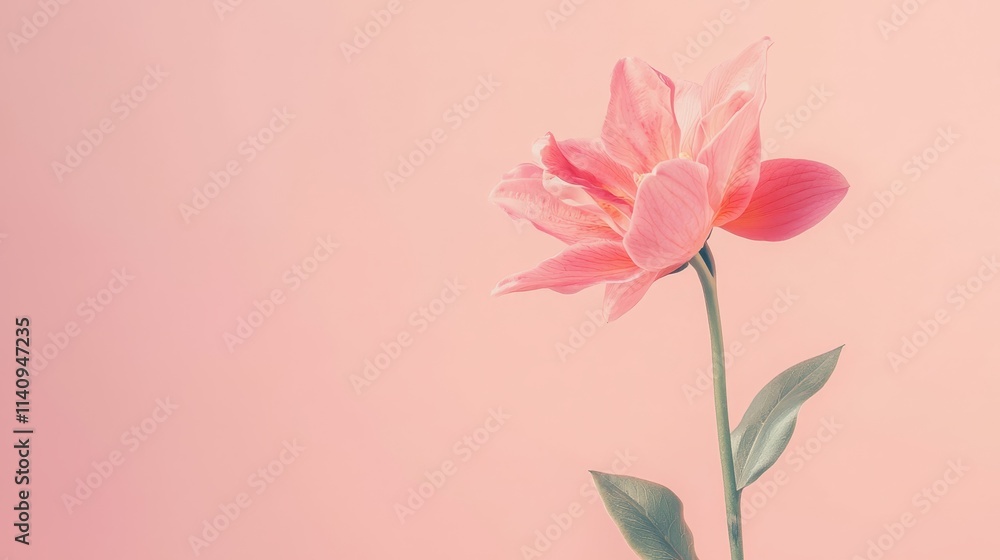 A single pink flower with green leaves on a pink background A single pink flower with green leaves on a pink background