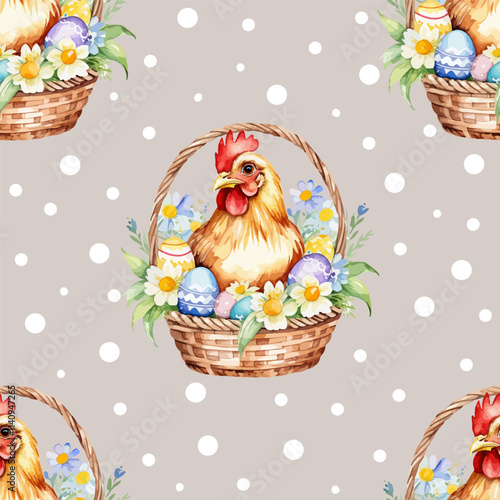 Watercolor seamless pattern polka dots and Easter chicken with colorful Easter Eggs and flowers isolated on a light gray background. Vector design for wallpaper, textile design, fabric, wrapping paper