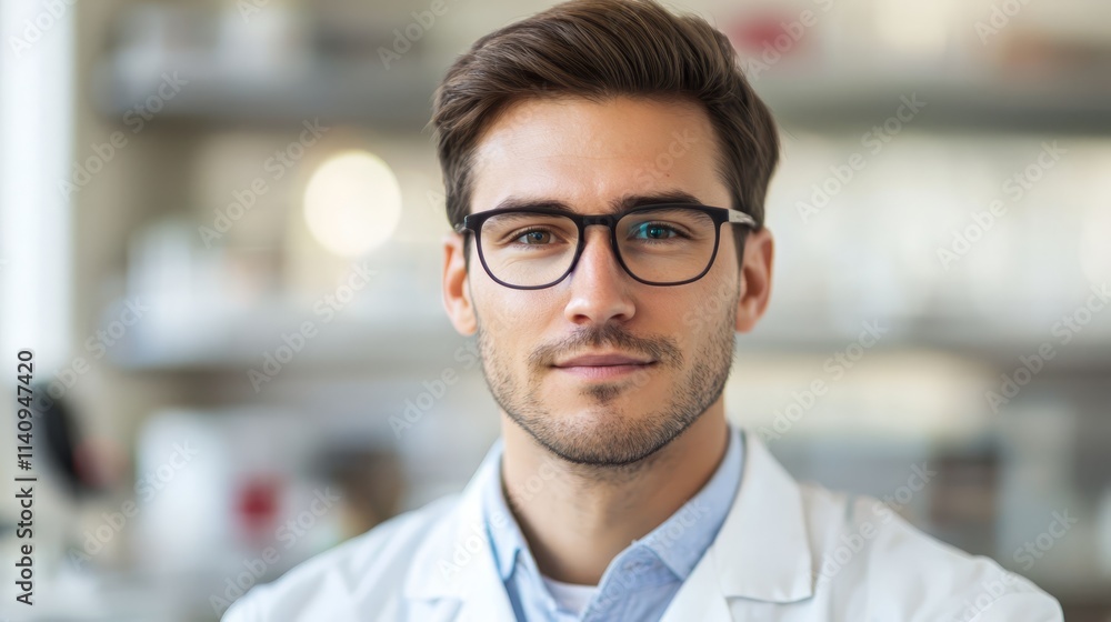 A man in a lab coat and glasses looking at the camera A man in a lab coat and glasses looking at the camera