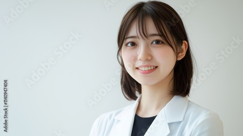 A woman in a white lab coat smiles at the camera