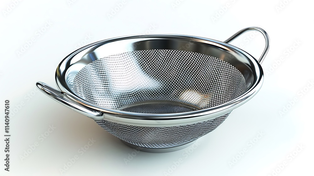 A shiny metal strainer with fine mesh isolated on a white background A shiny metal strainer with fine mesh isolated on a white background