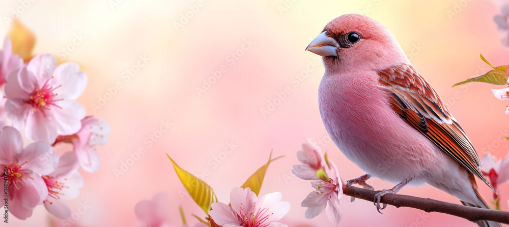 Fototapeta premium Springtime Serenity - Beautiful Bird Perched on Cherry Blossom Tree
