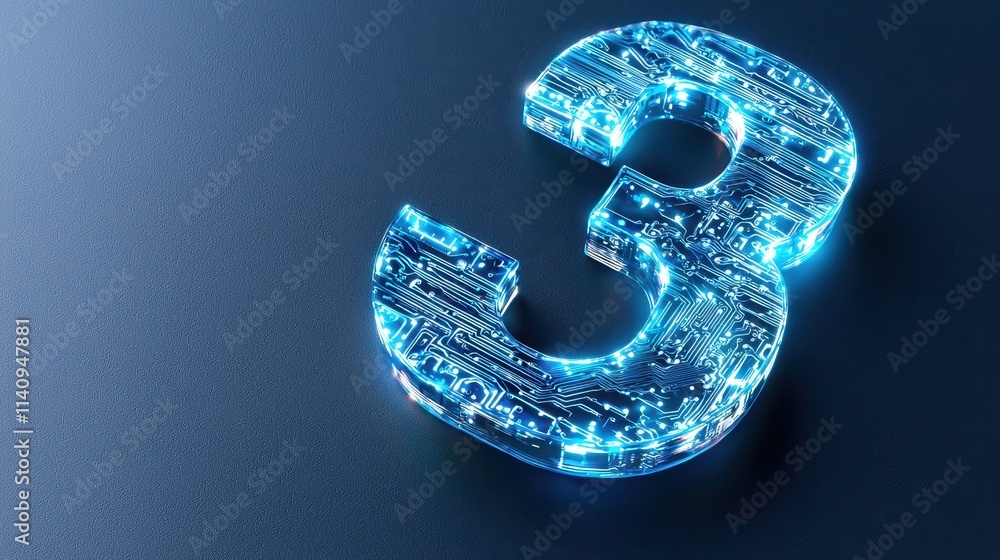 Three in Digital Circuitry Design with Glowing Blue Lights Three in Digital Circuitry Design with Glowing Blue Lights