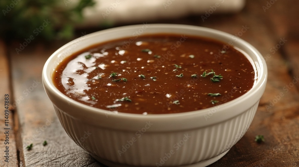 Rich brown gravy in a porcelain bowl warm lighting Rich brown gravy in a porcelain bowl warm lighting