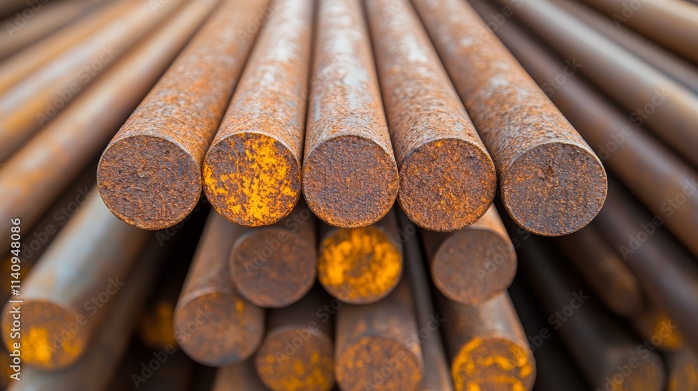 A pile of rusty metal rods stacked on top of each other A pile of rusty metal rods stacked on top of each other