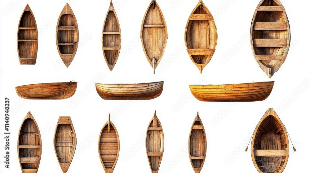 A set of wooden boats on a white background A set of wooden boats on a white background
