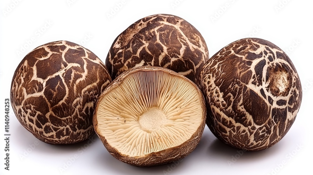 A group of mushrooms sitting next to each other on a white surface A group of mushrooms sitting next to each other on a white surface