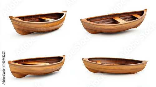 A set of four wooden boats on a white background