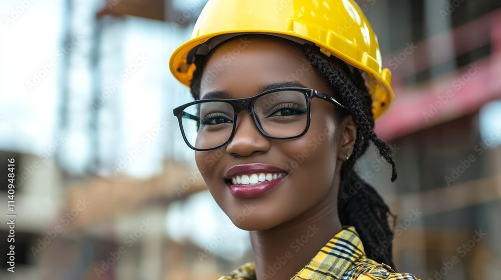 A woman wearing a yellow hard hat and glasses A woman wearing a yellow hard hat and glasses