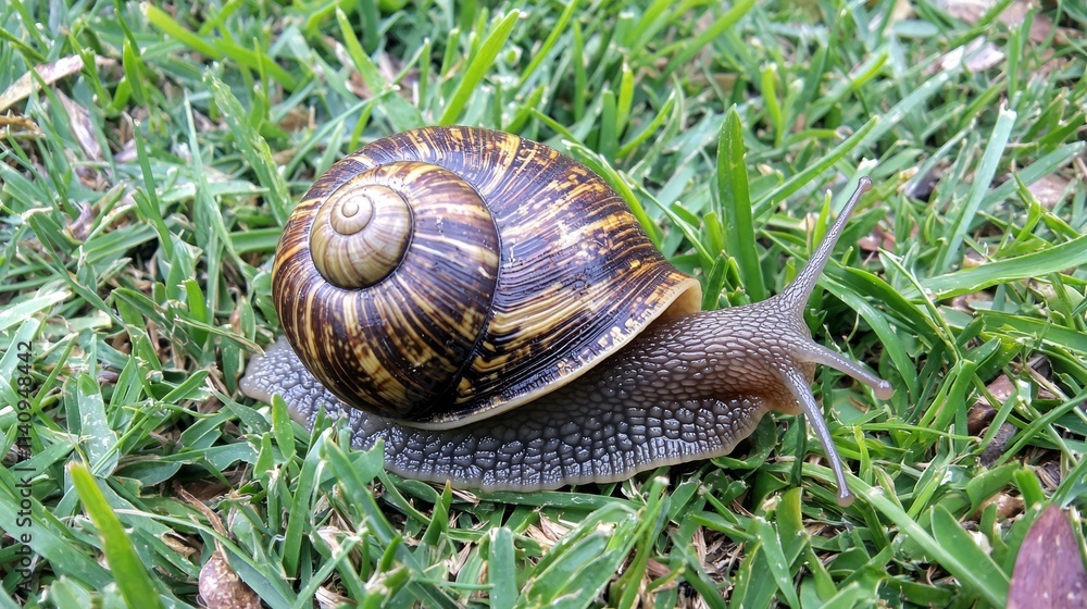 A snail crawling on the ground in the grass A snail crawling on the ground in the grass