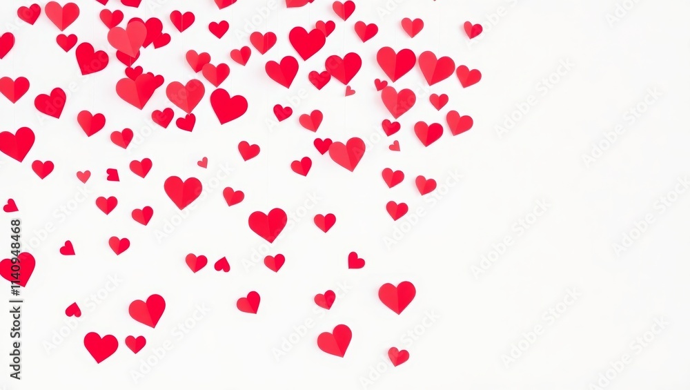 Red paper hearts falling on white background creating romantic atmosphere Red paper hearts falling on white background creating romantic atmosphere