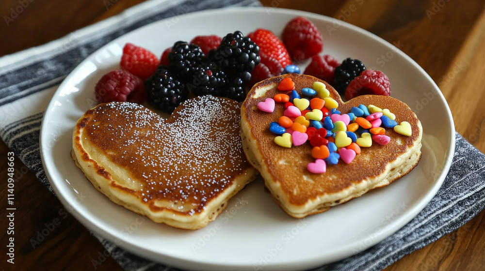 Delicious heart shaped pancakes topped with colorful sprinkles and berries Delicious heart shaped pancakes topped with colorful sprinkles and berries
