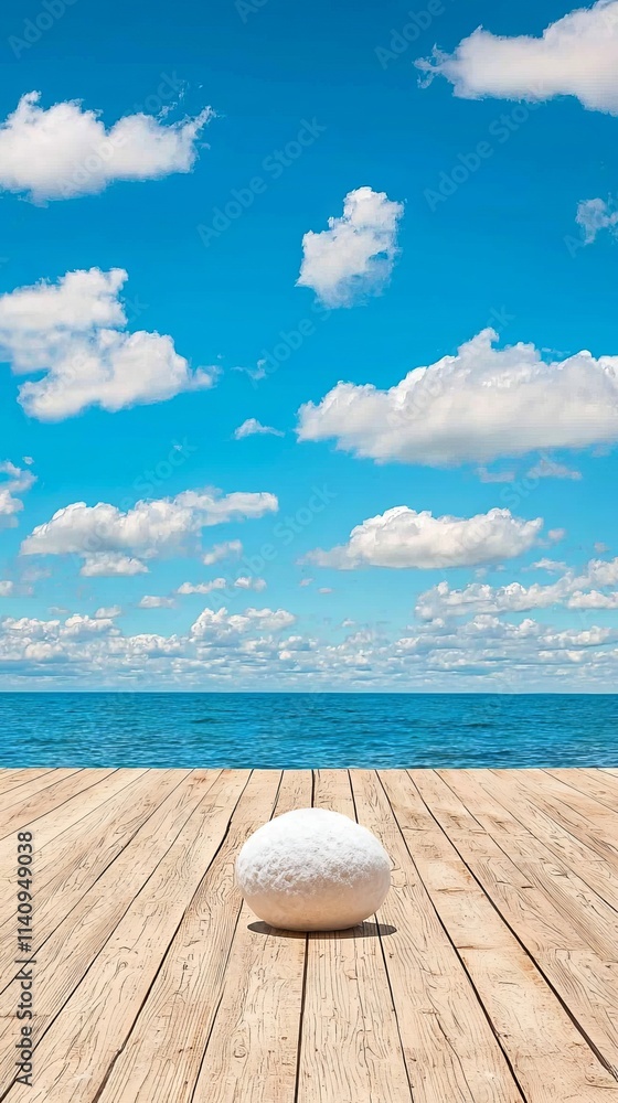 Obraz premium Serene ocean view with a wooden deck and a smooth stone in the foreground.