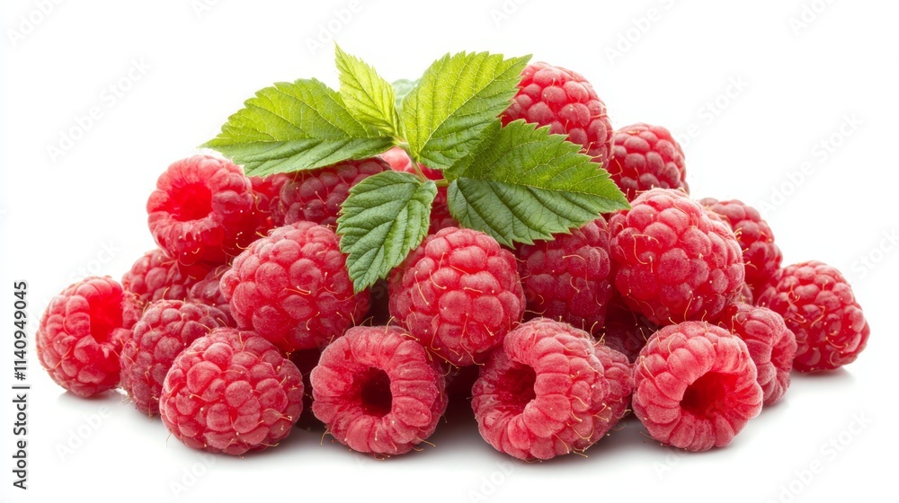 A pile of raspberries with a green leaf on top A pile of raspberries with a green leaf on top