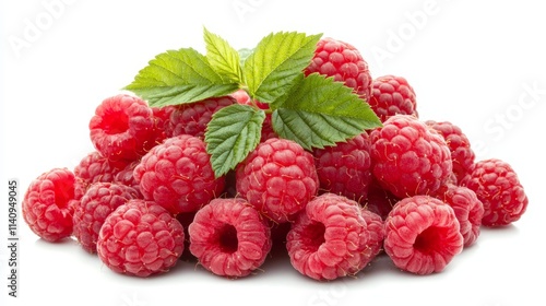 A pile of raspberries with a green leaf on top