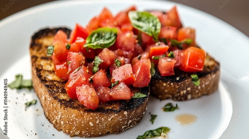 A white plate topped with slices of bread covered in tomatoes A white plate topped with slices of bread covered in tomatoes