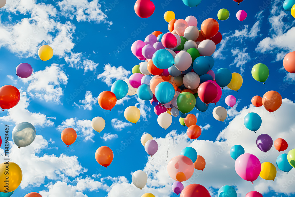 Bunch of colorful balloons are floating in the sky. The balloons are of different colors and sizes, creating a vibrant and lively atmosphere. Concept of joy and celebration Bunch of colorful balloons are floating in the sky. The balloons are of different colors and sizes, creating a vibrant and lively atmosphere. Concept of joy and celebration