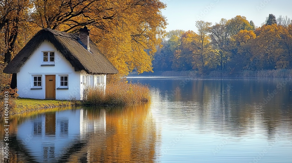 Fototapeta premium A small white house sitting on the shore of a lake