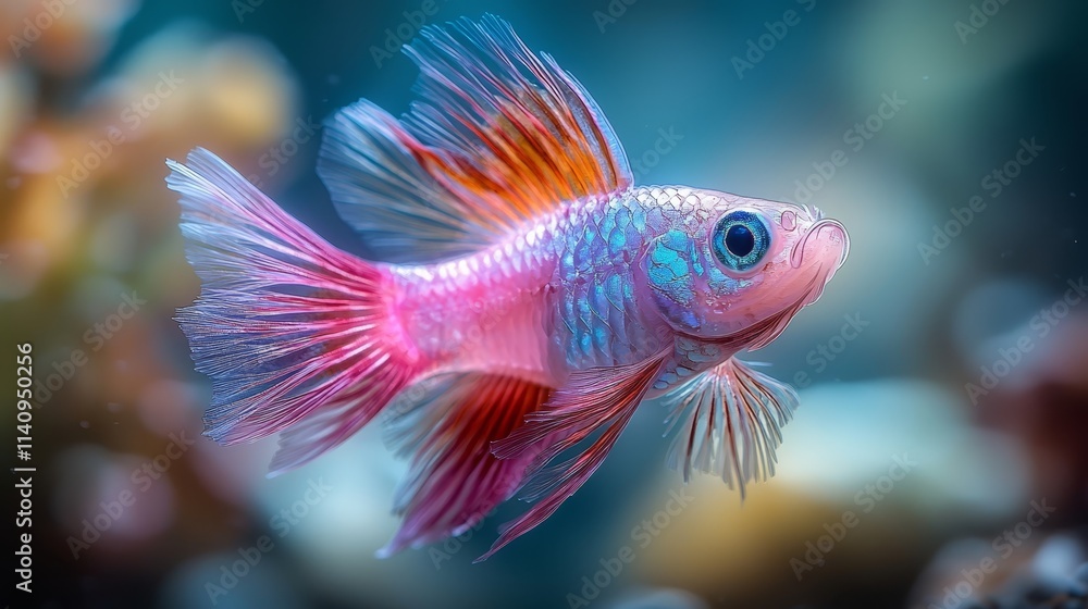 A pink and blue fish swimming in an aquarium A pink and blue fish swimming in an aquarium