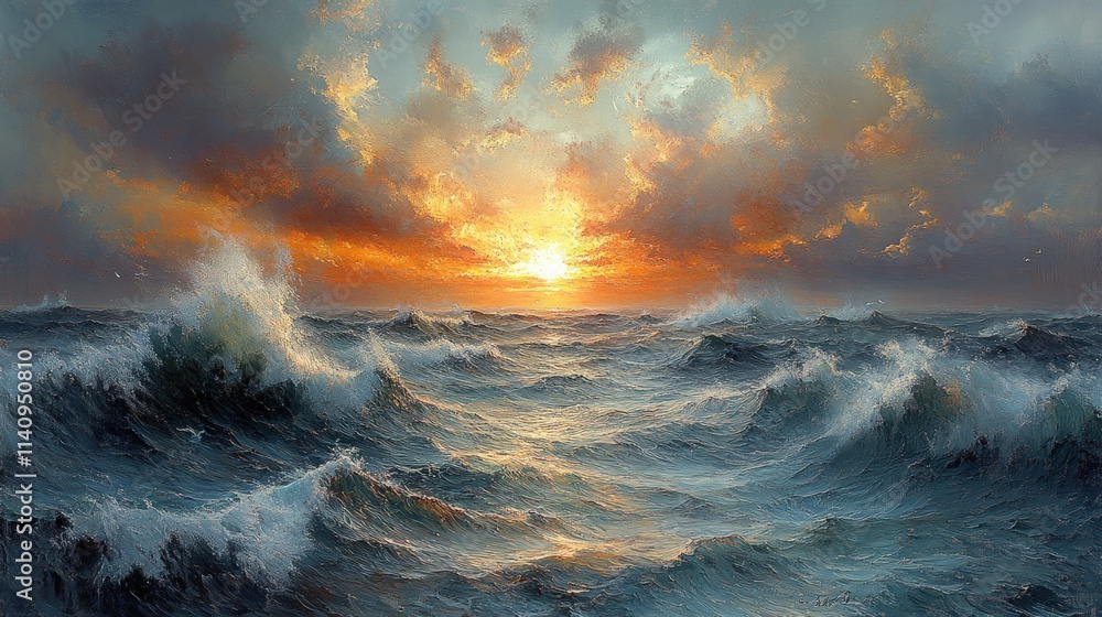 Fototapeta premium Ocean waves crash; fiery sunset sky.