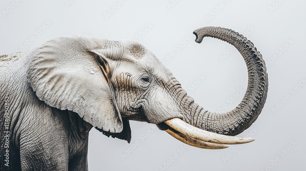 Obraz premium Isolated elephant strong ivory tusk on white background represents the power of wildlife in africa, huge animal strength in its natural safari habitat and wild nature.