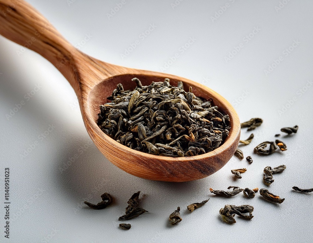 wooden spoon filled with loose tea leaves on a light background wooden spoon filled with loose tea leaves on a light background