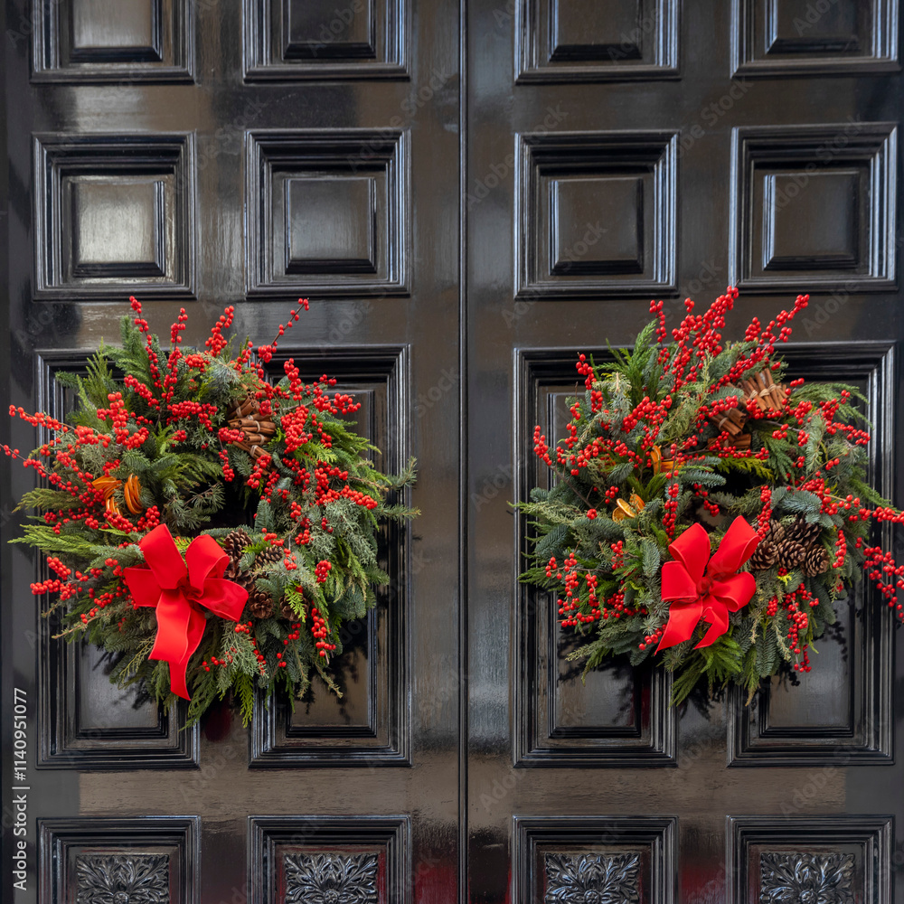 Fototapeta premium Two wreaths made of fir or spruce branches with red bows and red berries.