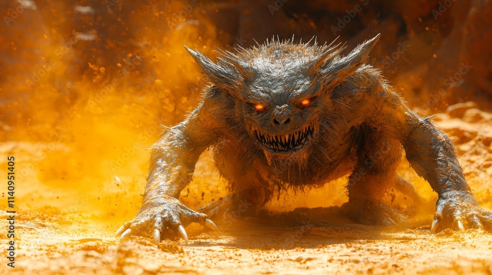 Fototapeta premium A monster with red eyes running through the sand