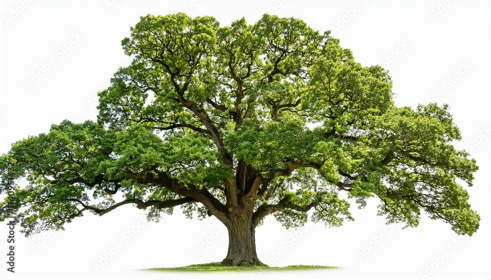 large oak tree with sprawling branches and lush green leaves isolated on a white background large oak tree with sprawling branches and lush green leaves isolated on a white background