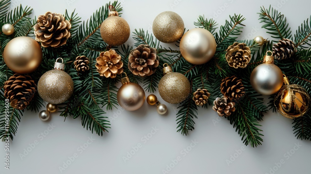 A festive arrangement of pine branches with gold and silver ornaments and pine cones. A festive arrangement of pine branches with gold and silver ornaments and pine cones.