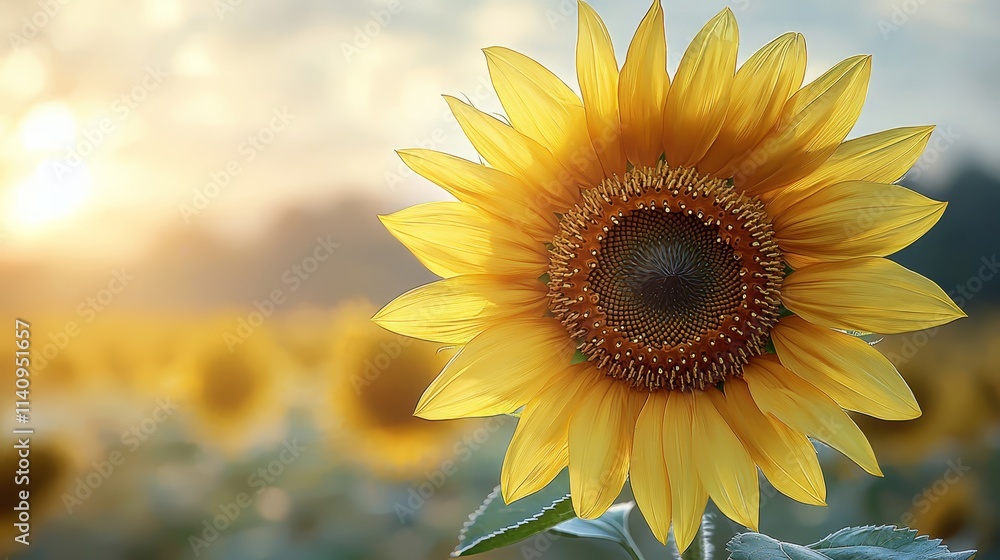 Fototapeta premium A sunflower in the middle of a field of sunflowers