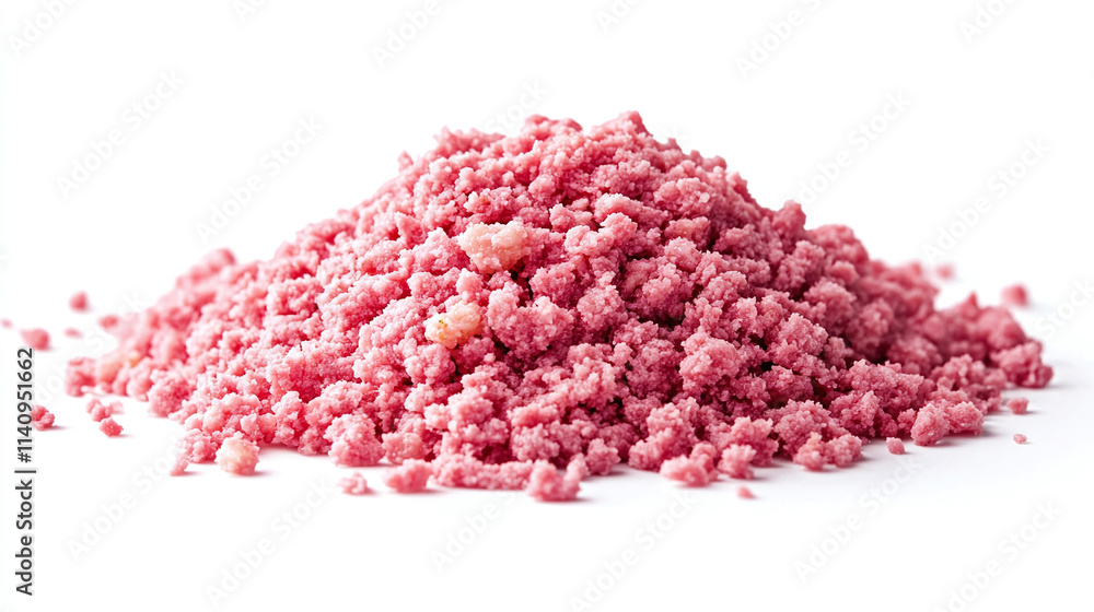 Pile of fresh, raw minced meat, a ground beef mixture in a pink or red color, isolated on white background, protein ingredient for cooking and preparing lean meals. Pile of fresh, raw minced meat, a ground beef mixture in a pink or red color, isolated on white background, protein ingredient for cooking and preparing lean meals.