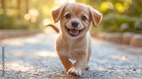 A small brown dog running down a dirt road