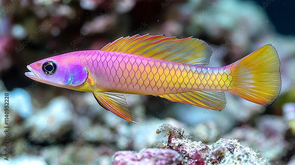 A colorful fish swimming in the ocean near a coral reef A colorful fish swimming in the ocean near a coral reef