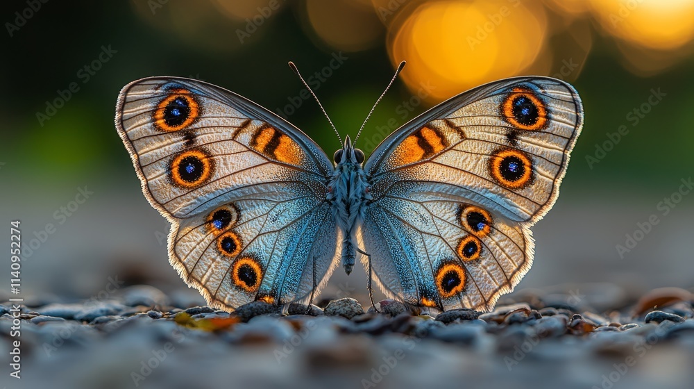A blue butterfly sitting on the ground with a blurry background A blue butterfly sitting on the ground with a blurry background