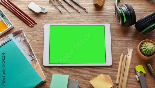 ipad with green screen on a studio desk surrounded by headphones notebooks and art supplies