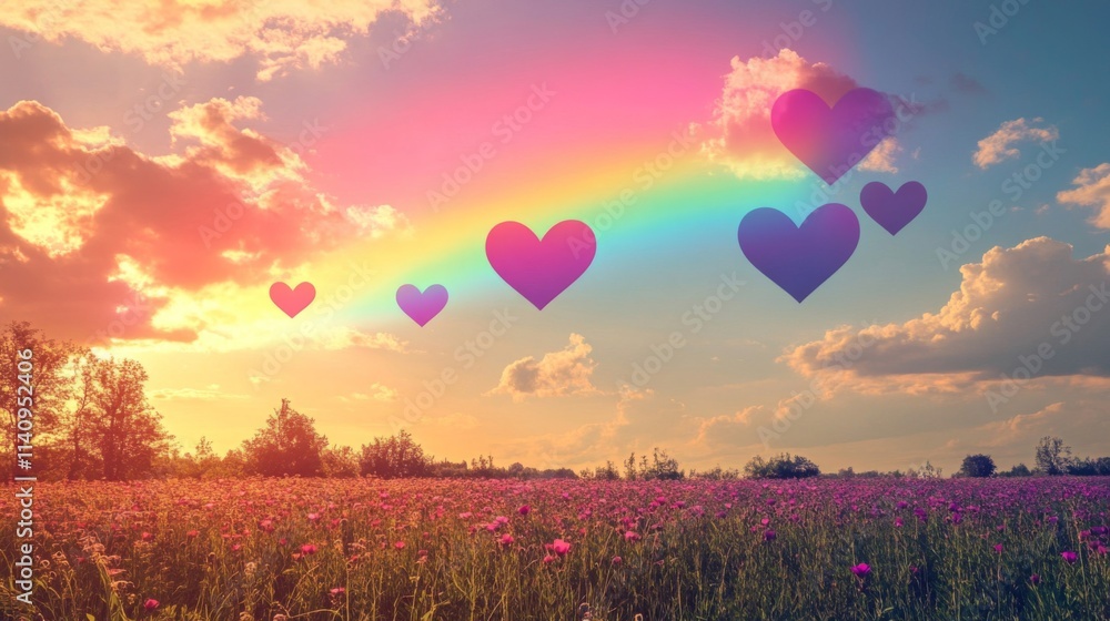 Fototapeta premium Rainbow Hearts Over Sunset Field Of Flowers