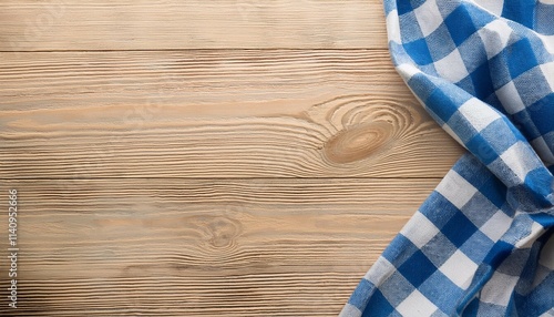 top view of light wooden table with blue checkered tablecloth and space for text