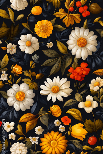 Wallpaper Mural A pattern of flowers and leaves on a black background Torontodigital.ca