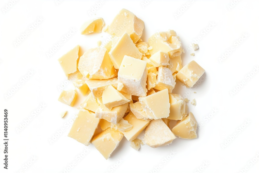Chunks of hard aged cheese scattered on a white background Chunks of hard aged cheese scattered on a white background