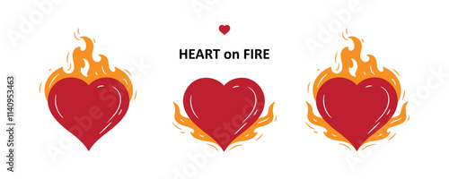 Hearts on Fire. Burning Heart Symbol of Love and Passion for Valentine day design. Hand drawn vector illustration.	
