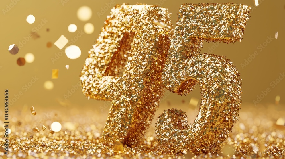 A golden number 45 surrounded by confetti on a gold background A golden number 45 surrounded by confetti on a gold background