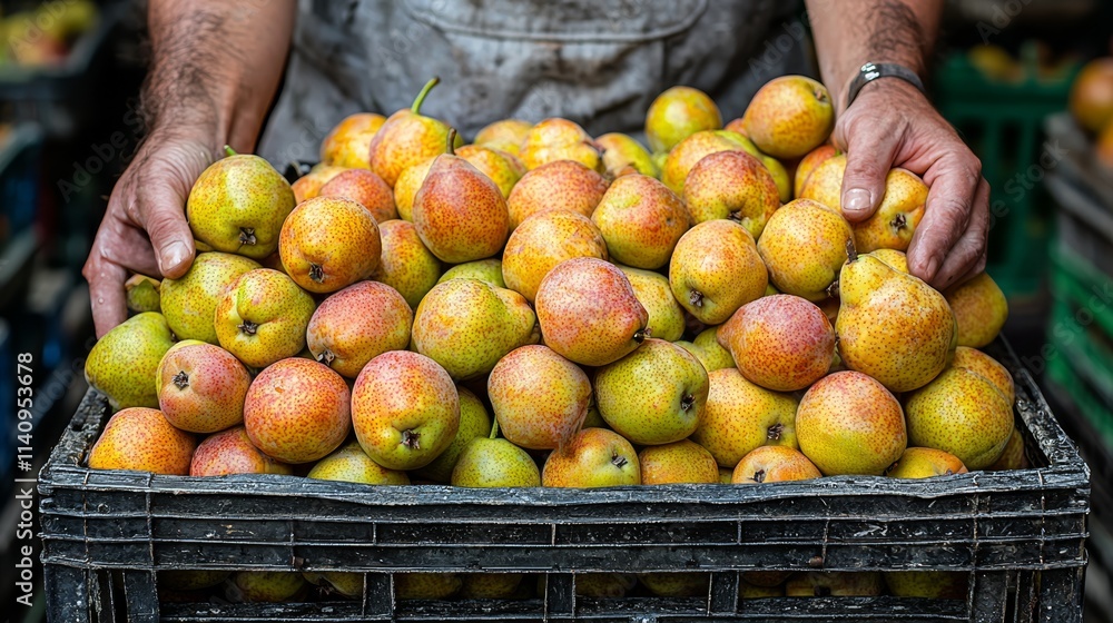 A man holding a crate full of pears in his hands A man holding a crate full of pears in his hands