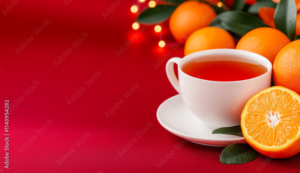 Festive Tea Set and Mandarin Oranges on Red Fabric Festive Tea Set and Mandarin Oranges on Red Fabric