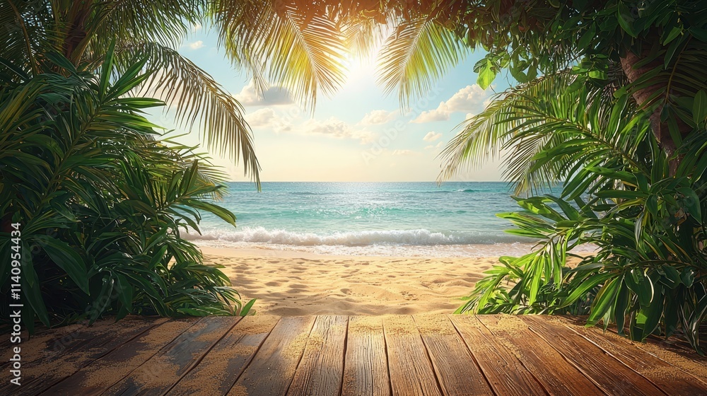 Fototapeta premium A wooden deck overlooking a tropical beach with palm trees