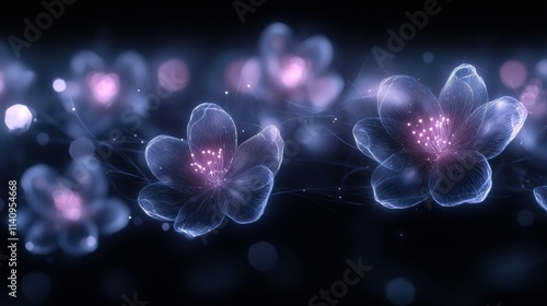A series of blue flowers with pink petals are displayed in a dark background