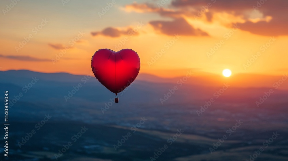 Fototapeta premium Heart Shaped Balloon Soaring During Sunset Over Mountains