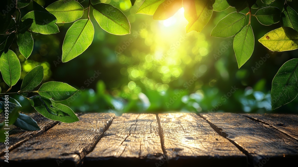 A wooden table with green leaves in the background A wooden table with green leaves in the background